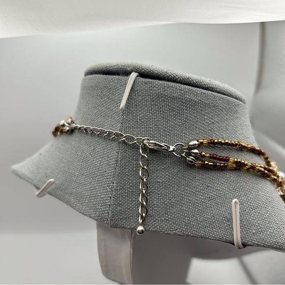 Silver Faux Pearl & Brown Leaf Filigree Painted Beaded Multilayered Necklace - Picture 7 of 8